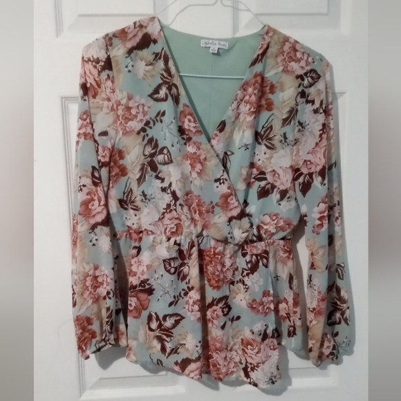 Elegant Floral Wrap Blouse - Soft Green and Pink - Picture 1 of 4